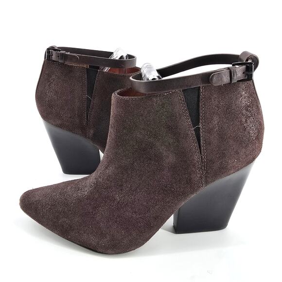 Rebecca Minkoff La Roux Brown Metallic Bootie Ankle Strap Wood Stacked Wedge 8.5 - Picture 1 of 9